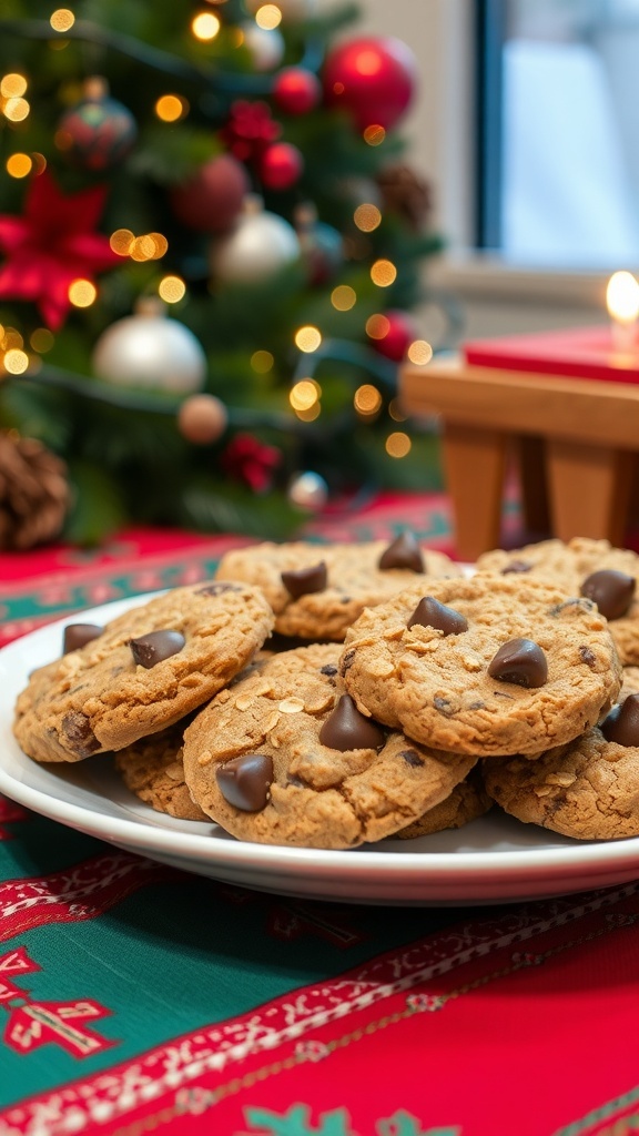 A plate of golden brown Christmas oatmeal cookies with chocolate chips and cranberries on a festive table.